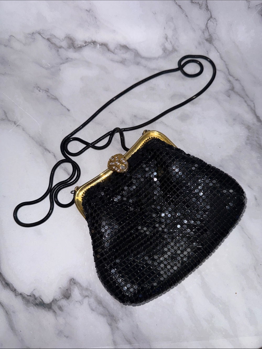 La Regale Black Sequin Evening Clutch with Gold Frame